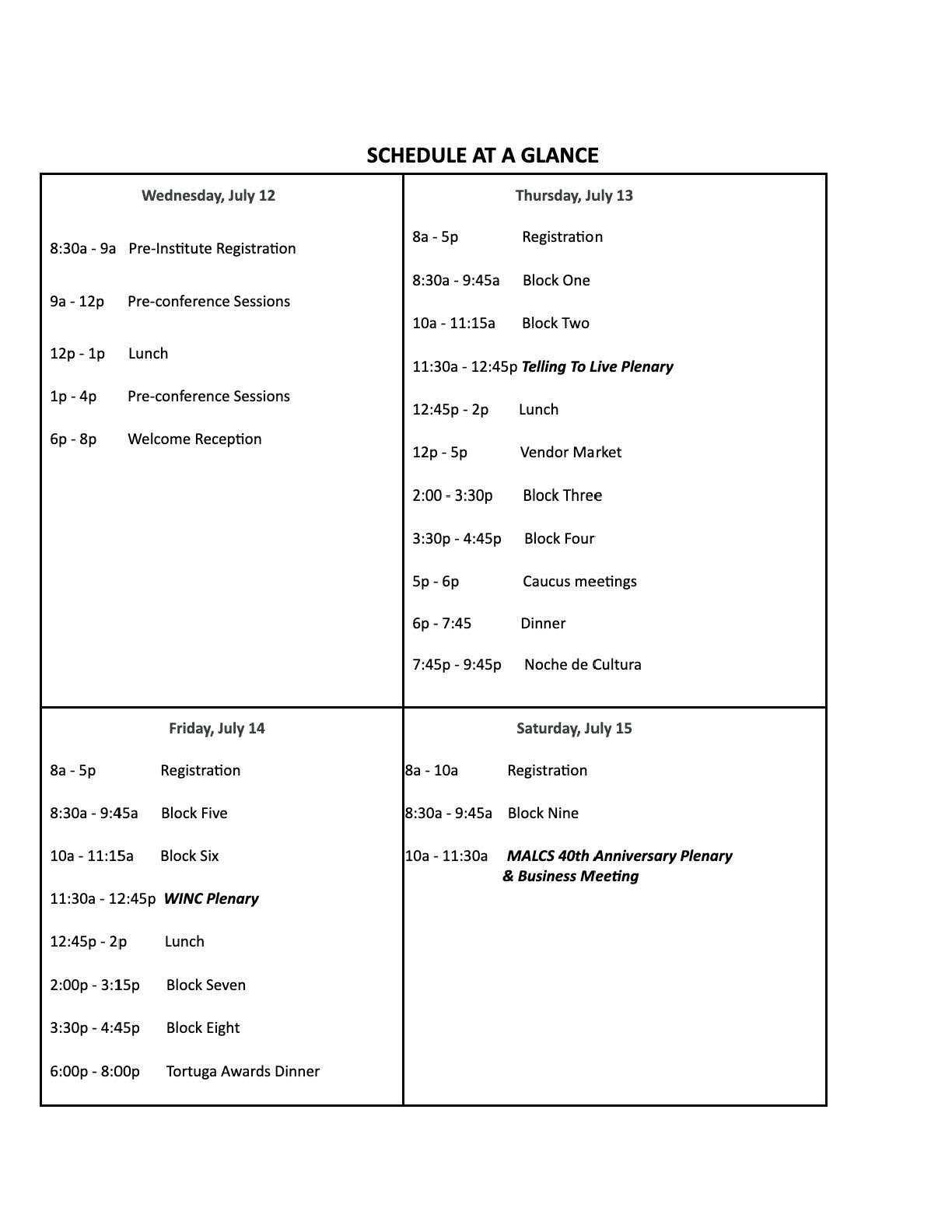 males schedule